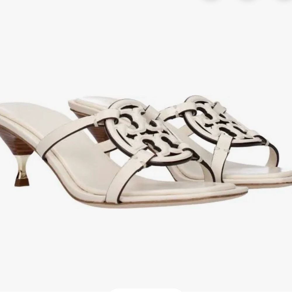 Tory Burch Cream Leather Logo Kitten Heel Mules